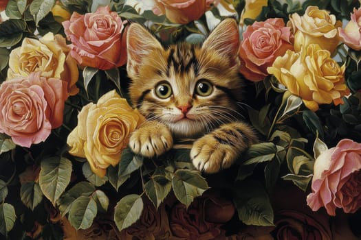 A delightful playful kitten peeks out from a bouquet of vibrant roses, showcasing its curious eyes and fluffy fur among lush greenery. This charming scene captures a moment of innocence and playful curiosity, perfect for animal lovers.