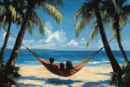 A couple enjoys a serene moment in a hammock between two palm trees, overlooking a beautiful beach and ocean, capturing the essence of relaxation and romance.