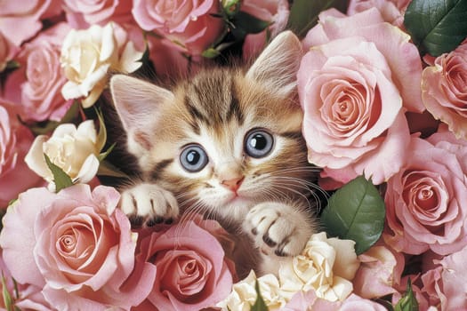 A playful kitten peeks out from behind a beautiful bouquet of pink roses, capturing the essence of innocence and curiosity in a colorful floral setting.