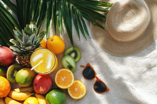 A picturesque beach picnic scene featuring an array of fresh fruits and refreshing drinks, perfect for a sunny summer day. Ideal for relaxation and enjoyment.