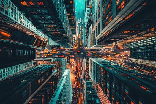 Stunning aerial view showcases high-rise buildings reflecting lights over bustling city streets at night, capturing the vibrant urban atmosphere.