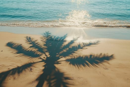 Experience a serene beach scene with the gentle waves lapping at a sandy shore, while a palm tree shadow creates a tranquil pattern beneath the bright sunlight.