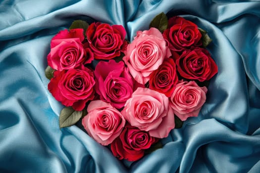This stunning heart shaped arrangement features vibrant pink and red roses delicately placed on a silky background. Perfect for celebrating love and special occasions.
