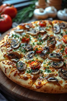 A Californiastyle pizza topped with mushrooms, tomatoes, and cheese, served on a wooden cutting board. This fast food dish is a popular choice in the world of cuisine