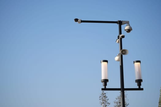 This stylish street light setup boasts modern surveillance cameras for enhanced security features