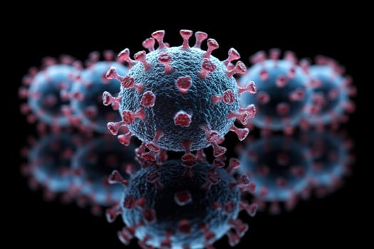Microscopic view showcasing a group of virus particles in a highly detailed 3D rendering..