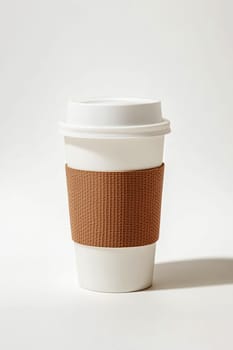 A close-up of a disposable coffee cup for mockup with a textured cardboard sleeve and a secure plastic lid isolated on white background..