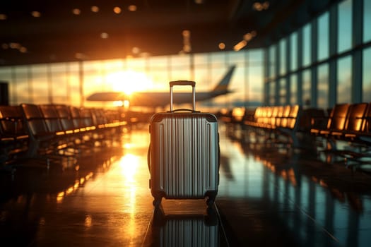 metallic hard-shell suitcase standing upright in an ultra-modern airport terminal, with a minimalist design..