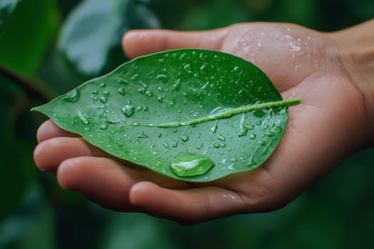 hand hold Green leaf with water droplet represents reducing CO2. Carbon footprint and carbon credit help limit global warming caused by climate change..