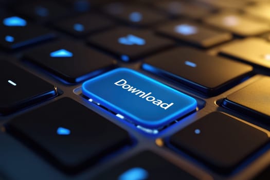 Close-up of illuminated Download button on futuristic keyboard with glowing edges, emphasizing digital technology and downloading processes..