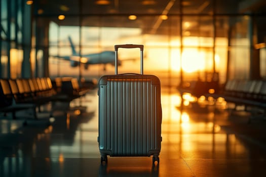 metallic hard-shell suitcase standing upright in an ultra-modern airport terminal, with a minimalist design..