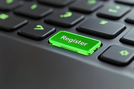 a computer keyboard and green register key. Conceptual 3D rendering. generative ai..