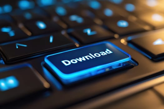 Close-up of illuminated Download button on futuristic keyboard with glowing edges, emphasizing digital technology and downloading processes. High quality illustration
