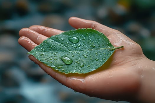 hand hold Green leaf with water droplet represents reducing CO2. Carbon footprint and carbon credit help limit global warming caused by climate change..