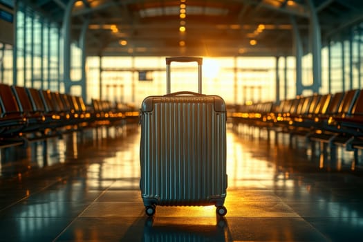 metallic hard-shell suitcase standing upright in an ultra-modern airport terminal, with a minimalist design..