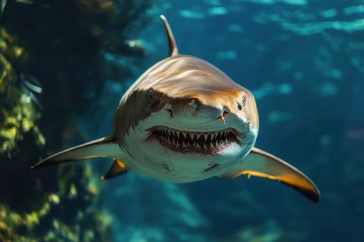 Encounter the terrifying presence of a massive killer shark lurking beneath the sea or ocean, showcasing its intimidating big teeth and open mouth. Ai generated..