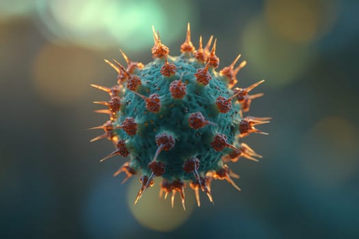 Microscopic view showcasing virus particles in a highly detailed 3D rendering..