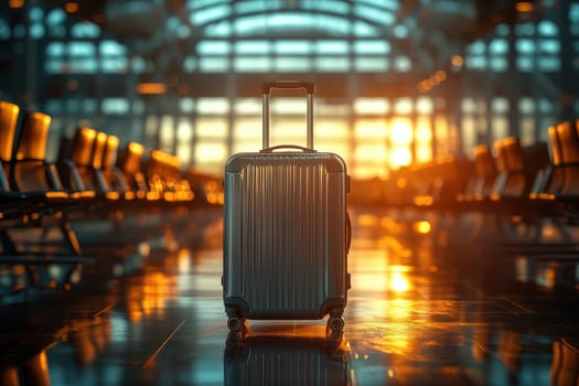 metallic hard-shell suitcase standing upright in an ultra-modern airport terminal, with a minimalist design. High quality illustration