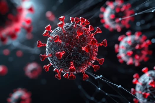 Microscopic view showcasing a group of virus particles in a highly detailed 3D rendering..