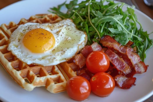 Delicious Breakfast Plate with Waffles, Fried Egg, Bacon, Cherry Tomatoes, and Greens - Homestyle Cooking and Hearty Morning Meal Inspiration..