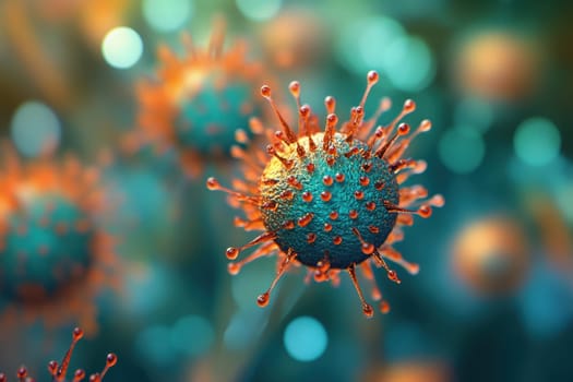 Microscopic view showcasing virus particles in a highly detailed 3D rendering..