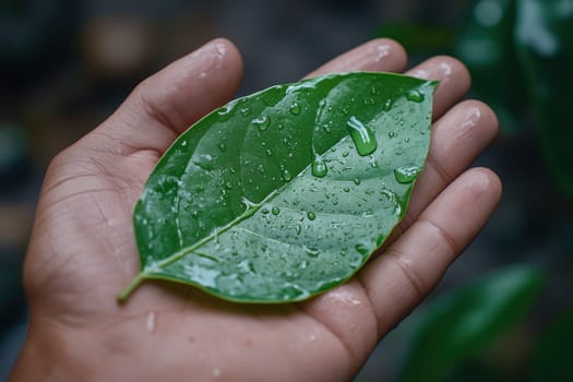 hand hold Green leaf with water droplet represents reducing CO2. Carbon footprint and carbon credit help limit global warming caused by climate change..