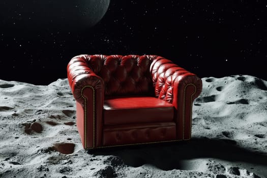 A red leather armchair on the moon with bumpy surface. earth planet on background..