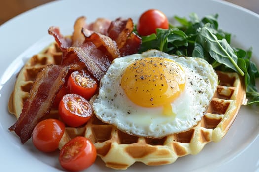 Delicious Breakfast Plate with Waffles, Fried Egg, Bacon, Cherry Tomatoes, and Greens - Homestyle Cooking and Hearty Morning Meal Inspiration..