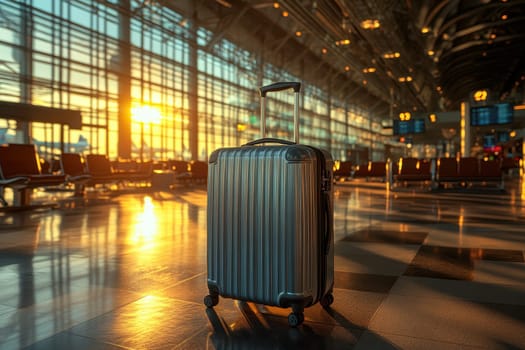 metallic hard-shell suitcase standing upright in an ultra-modern airport terminal, with a minimalist design..