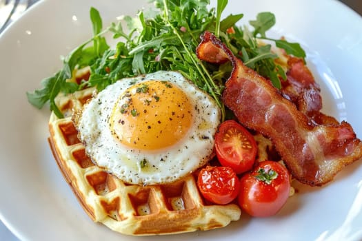 Delicious Breakfast Plate with Waffles, Fried Egg, Bacon, Cherry Tomatoes, and Greens - Homestyle Cooking and Hearty Morning Meal Inspiration --ar 3:2 --v 6.1 Job ID: 15efafee-caea-468d-b811-61a2f68f37b4