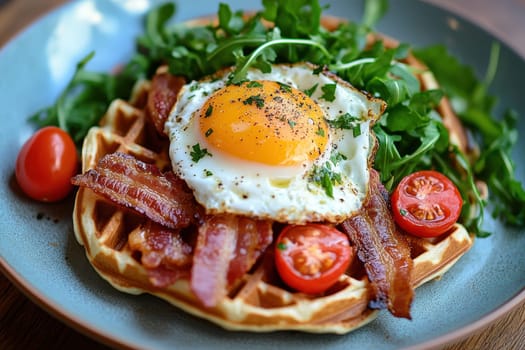Delicious Breakfast Plate with Waffles, Fried Egg, Bacon, Cherry Tomatoes, and Greens - Homestyle Cooking and Hearty Morning Meal Inspiration..