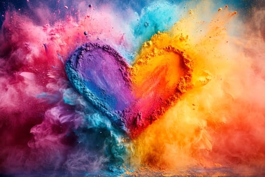 Colorful powder dust exploding in the air in front of white bright background. All the colors of the rainbow. Love and Pride concept..