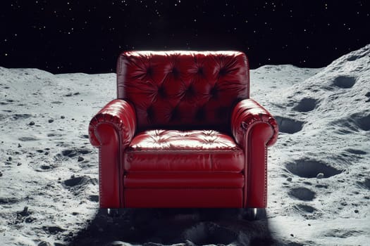 A red leather armchair on the moon with bumpy surface..