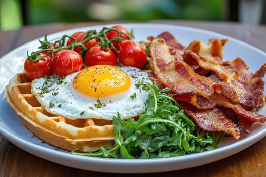 Delicious Breakfast Plate with Waffles, Fried Egg, Bacon, Cherry Tomatoes, and Greens - Homestyle Cooking and Hearty Morning Meal Inspiration..