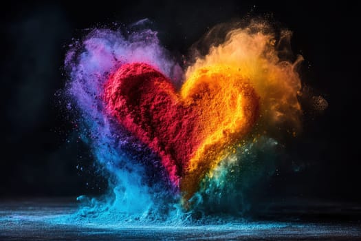 Colorful powder dust exploding in the air in front of white bright background. All the colors of the rainbow. Love and Pride concept..
