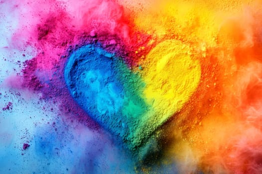 Colorful powder dust exploding in the air in front of white bright background. All the colors of the rainbow. Love and Pride concept..