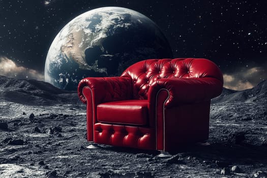 A red leather armchair on the moon with bumpy surface. earth planet on background..