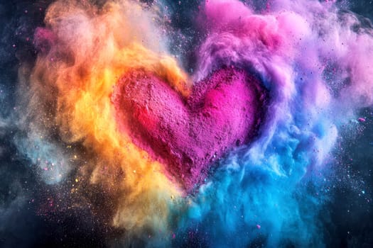 Colorful powder dust exploding in the air in front of white bright background. All the colors of the rainbow. Love and Pride concept..