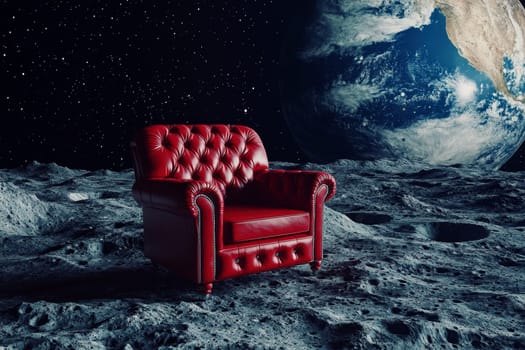 A red leather armchair on the moon with bumpy surface. earth planet on background..
