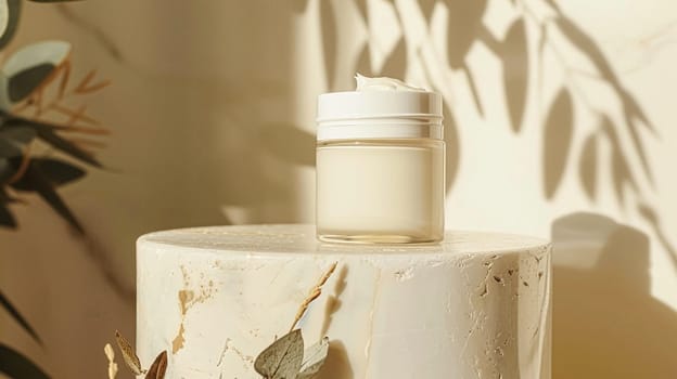 Cosmetic cream in a glass jar. Skin care concept. Background for beauty products