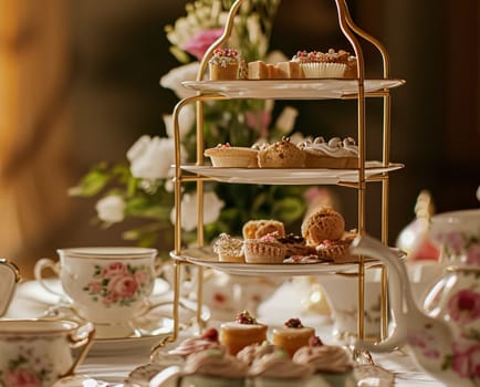 Elegant table setting for tea party with cakes and cupcakes in English manor. Selective focus. Vintage style
