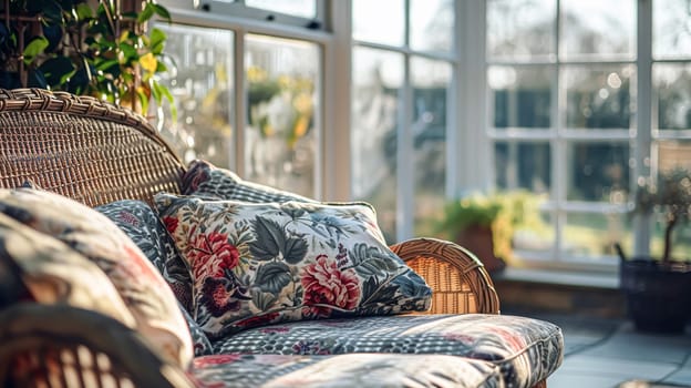 Colorful pillows on sofa against glass wall of window in a winter garden or conservatory. Interior textile concept. High quality photo