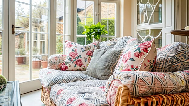 Colorful pillows on sofa against glass wall of window in a winter garden or conservatory. Interior textile concept. High quality photo