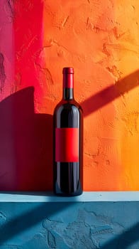 A bottle of violet liquid with a cork stopper is resting on a blue shelf. The red label stands out against the background, creating a visually appealing display