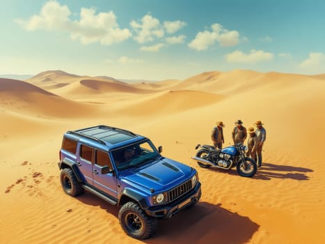 Four caucasian male explorers wearing straw hats examining a classic motorcycle during a desert expedition with their off-road vehicle. Ai generated