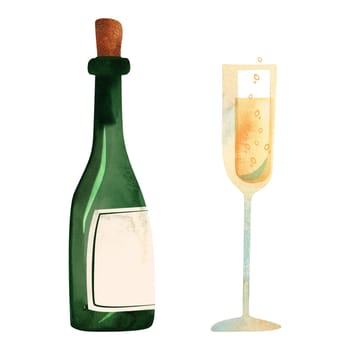 Green glass sparkling wine bottle with white blank label and champagne glass. Winemaking, restaurant business, alcohol for wedding or holiday. Isolated watercolor illustration