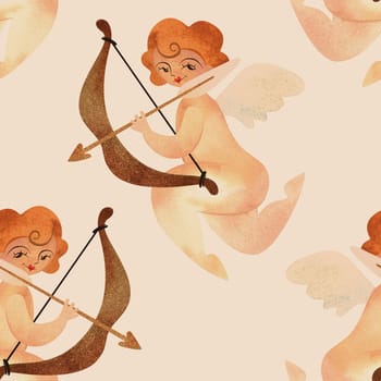 Cupid with bow and arrow in vintage style. Watercolor seamless pattern for textile and wrapping paper for Valentine's Day or wedding