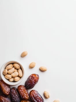 Healthy snack concept with dates and almonds on clean white background.
