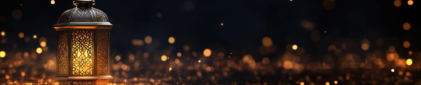 Elegant gold Islamic lantern with gentle glow on dark background.