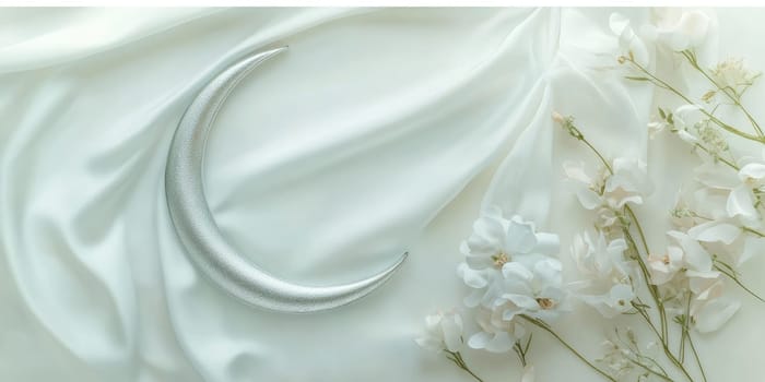 Elegant decorative silver crescent moon on soft pastel background with delicate flowers.